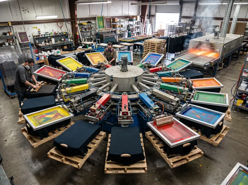Overhead view of an automatic carousel screen printing press loaded with shirts and multicolor screens