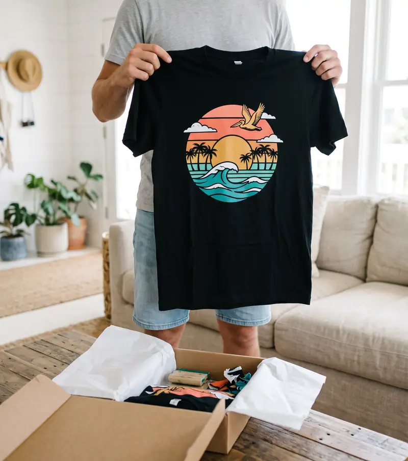 Customer holding up a new black t-shirt with a multicolor screen printed sunset, palm tree and pelican design next to an opened shipping box