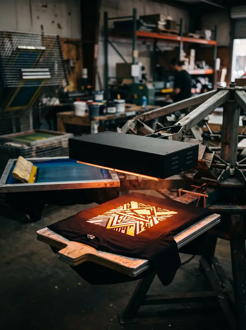 Flash cure dryer glowing over a freshly screen printed black t-shirt on a manual press