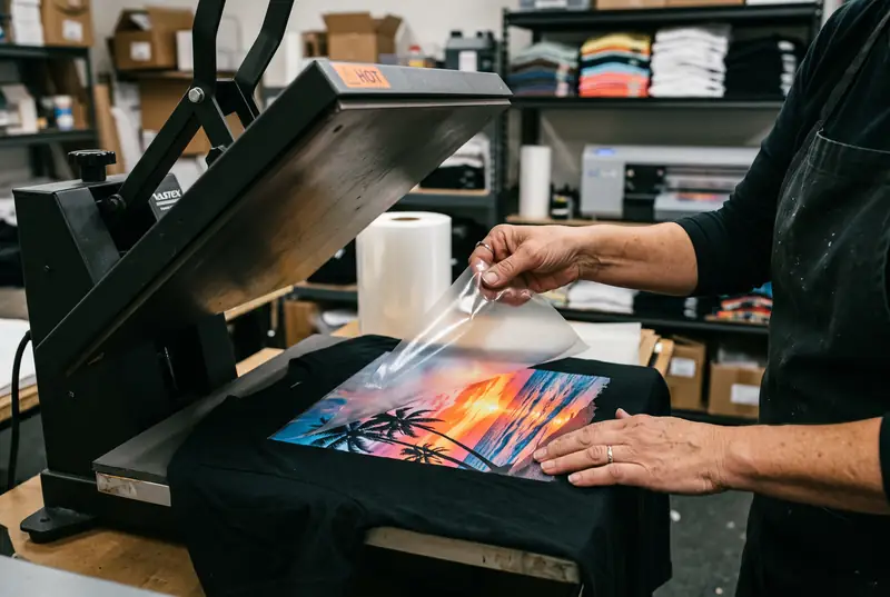 Hands peeling the film off a full-color DTF transfer of a Florida sunset with palm trees on a black t-shirt at an open heat press