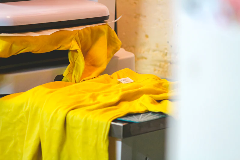 Yellow t-shirt laid flat on a heat press