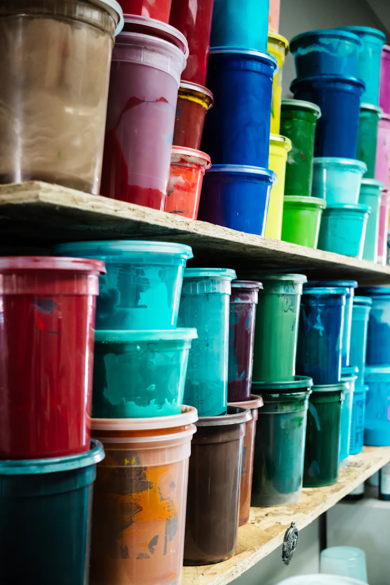 Shelves stocked with buckets of screen printing ink in many colors