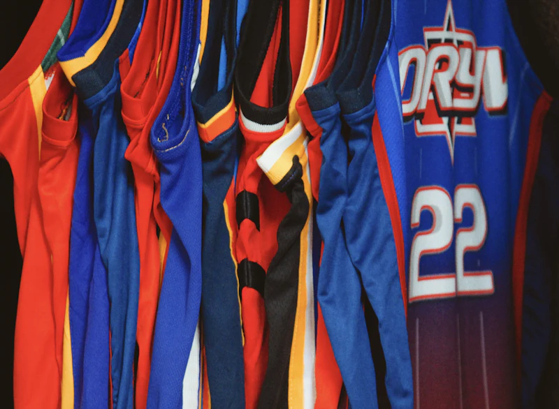 Stack of custom printed sports jerseys in blue and red
