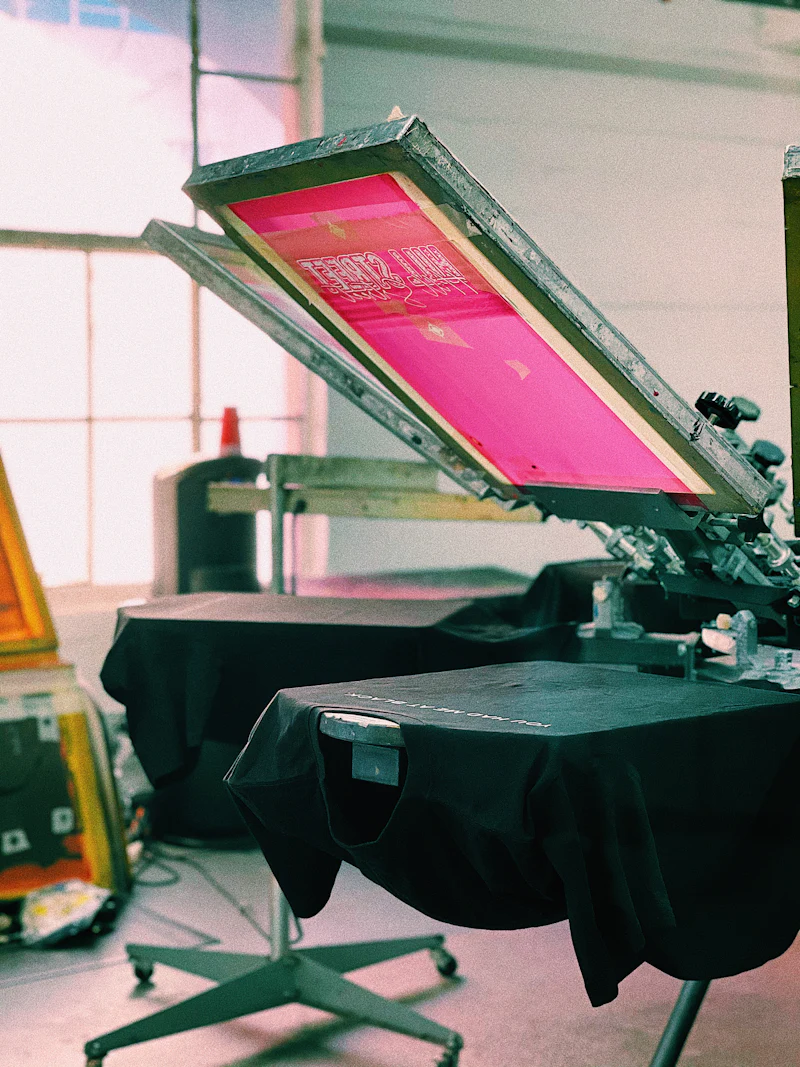 Screen printing press with a pink ink screen lowered onto a t-shirt
