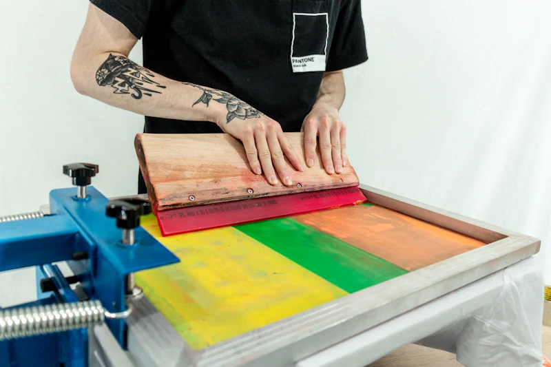 Printer pulling a rainbow blend of ink across a screen