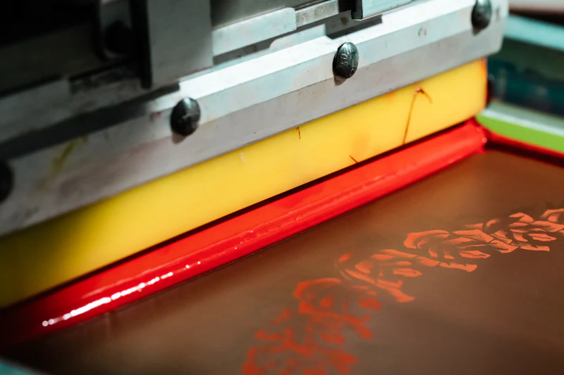 Close-up of red ink being screen printed through a mesh screen