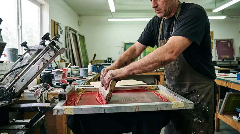 Screen printer in an ink-stained apron pulling red ink across a screen with a squeegee on a manual press