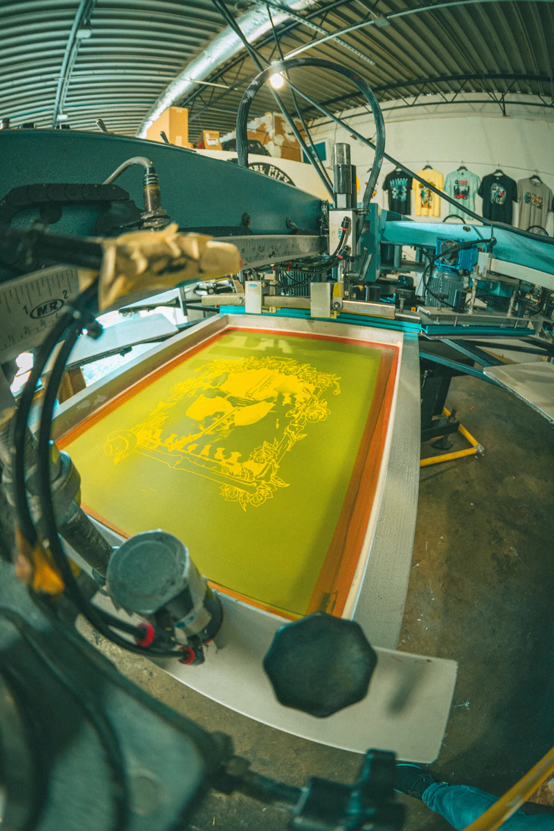 Squeegee pulling yellow ink across a screen printing screen