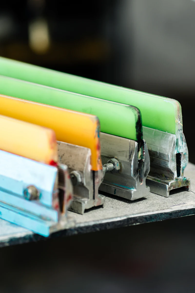 Row of colorful screen printing squeegees on a rack